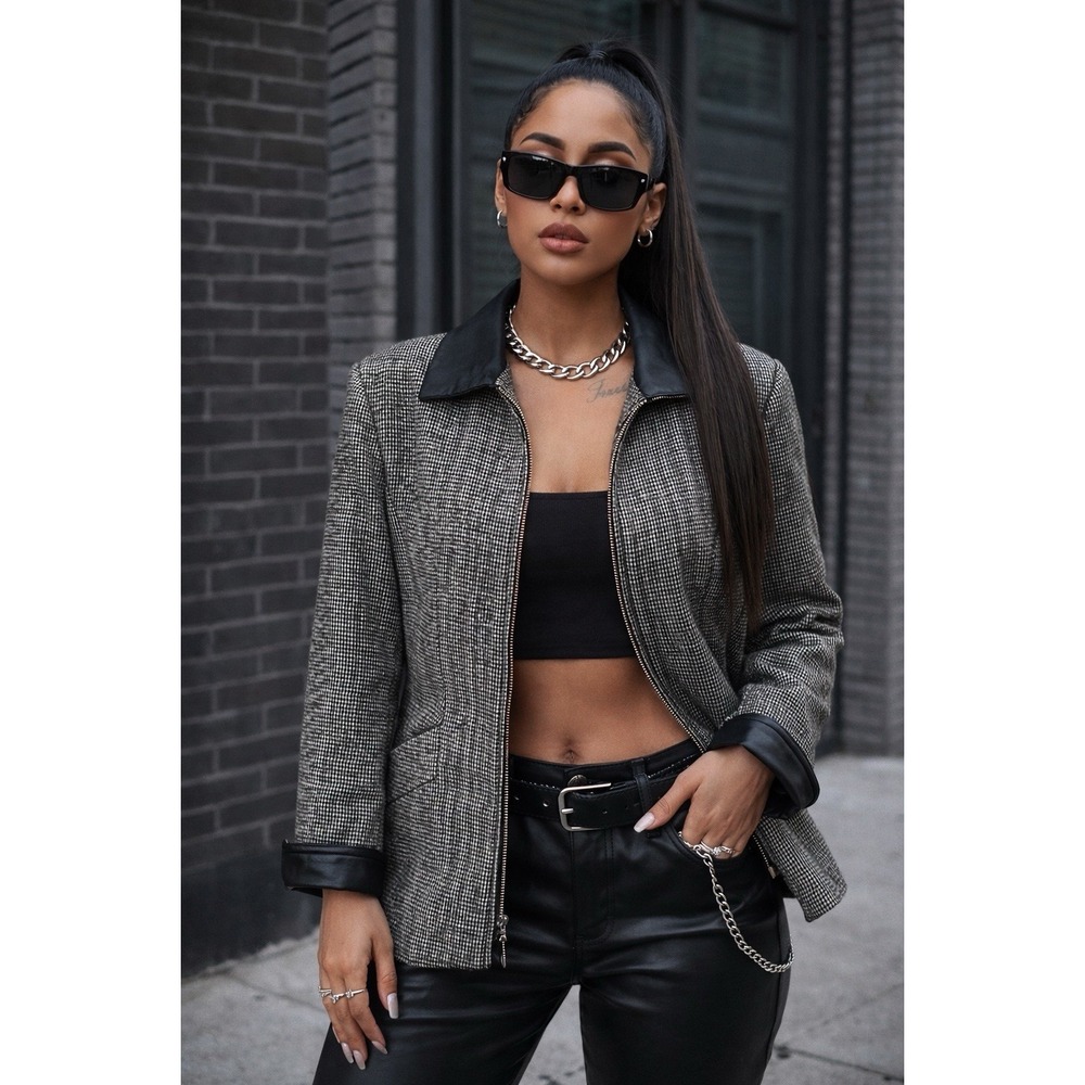 Braebrook Wool Jacket Women Size 10 Houndstooth Zip Front Faux Leather Trim